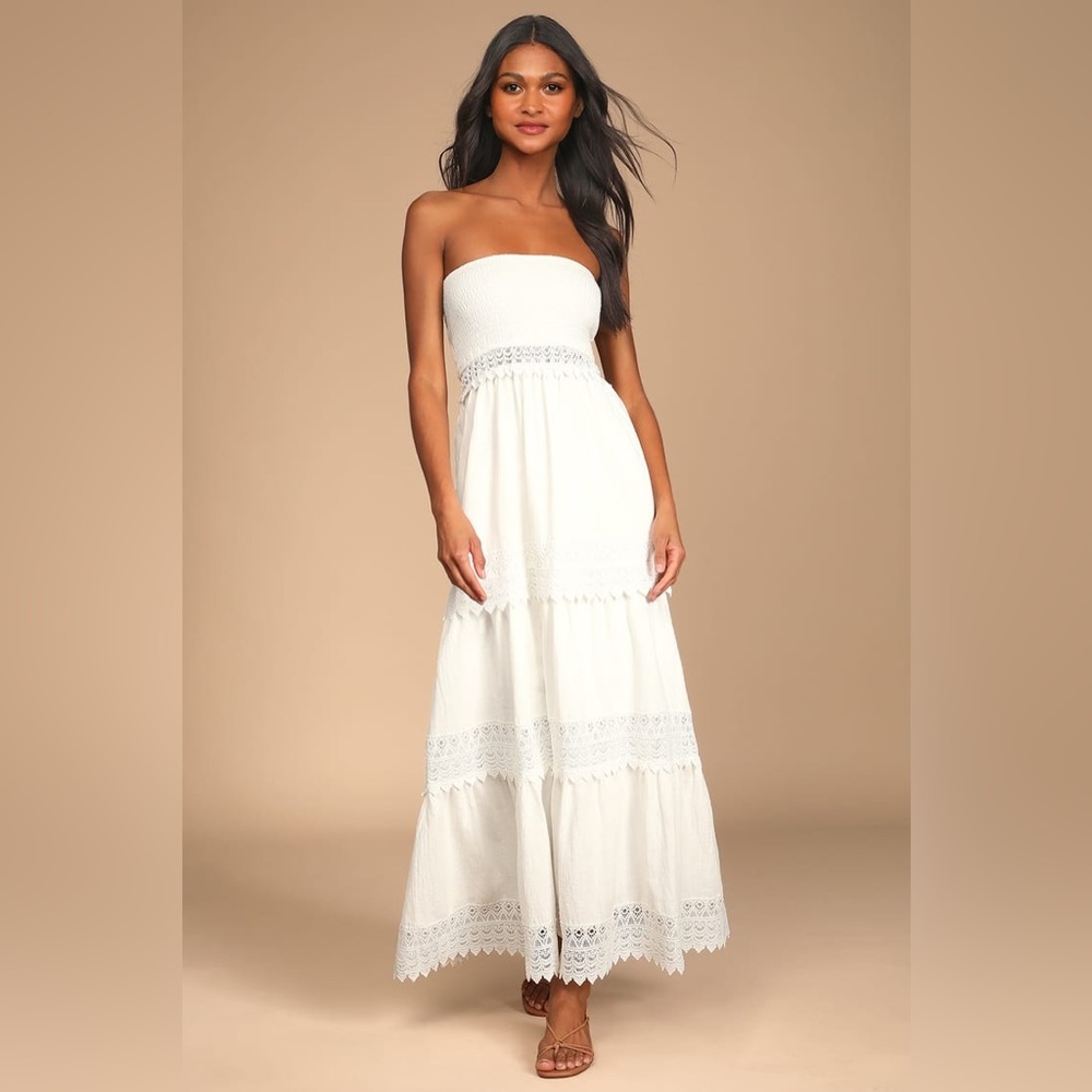 Lulus Season of Sunshine White Strapless Tiered Maxi Dress